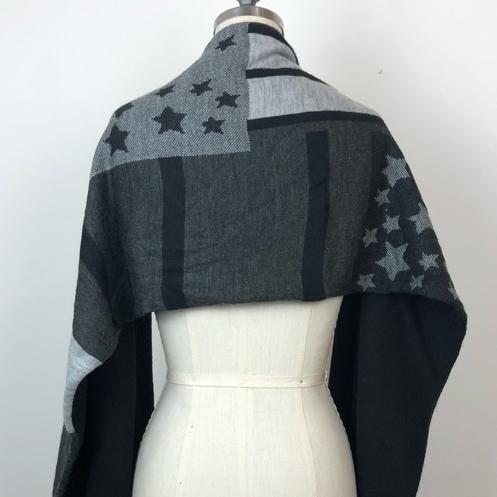 Long Fleece Double Layer Shawl Winter Scarf in Gray and Black Star Patterns